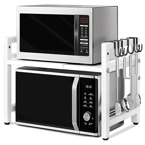 Image of Vautrezon Microwave Oven Rack Expandable Countertop Heavy Duty Microwave Shelf 2-Tier Adjustable Metal Storage Shelf Rack for Kitchen (White)