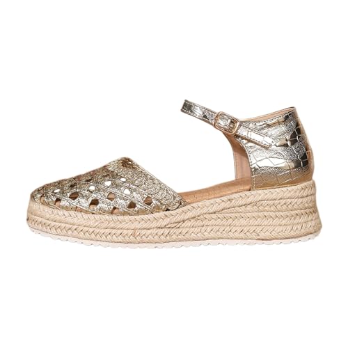 Sandales fermées à talon compensé et lanières dorées pour femme avec boucle