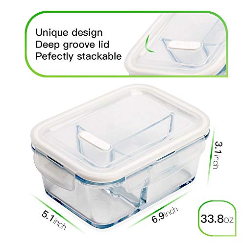 5 Pack 33.8Oz Bento Box Glass Meal Prep Containers 3 Compartments Glass Food Storage Containers With Lids Meal Prep Bowls Lunch Box Glass Food Prep Containers Lunch Container Oven Microwave Safe #TOP1