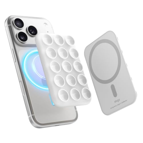 Image of elago Magnetic Suction Cup Phone Mount for iPhone, Compatible with MagSafe | Removable, Silicone, Holder, Hands-Free Selfies, Video for TikTok, Instagram Influencer, Creator, Strong Magnetism (White)