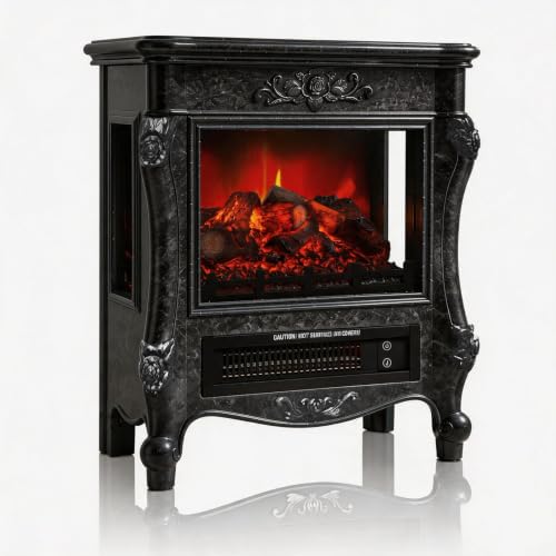 Image of FESTIVITY 18 inch Electric Stove Fireplace, 1500W Thermostat with 5100 BTU Heat Output, Adjustable Flame & Brightness Levels, Portable Electric Fireplace for Bedroom & Living Room-Black Marble