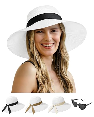 Senker Fashion Sun Hats for Women Wide Brim Straw Floppy Hat for Beach Summer Vacation Garden Packable Roll Up UPF 50+ White