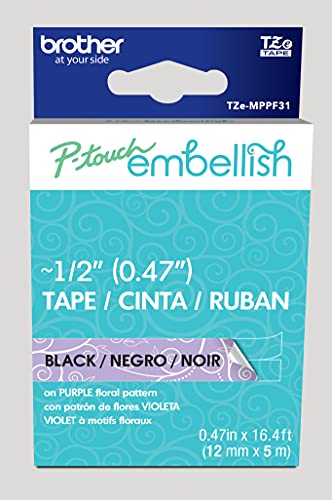 Image of Brother P-Touch Embellish Black Print on Purple Floral Patterned Tape TZEMPPF31 - ~ inch Wide x 13.1' Long for use with P-Touch Embellish Ribbon & Tape Printer