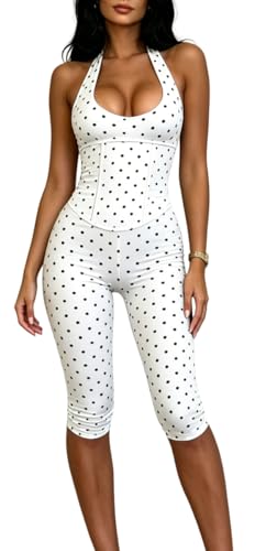 LILTWIST Women 2 Piece Polka Dot Capri Legging Halter Corset Top Sexy Backless Lace Up Bodycon Jumpsuit Summer Party Clubwear