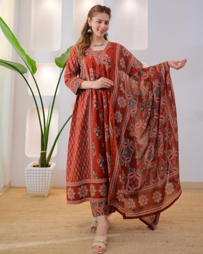 Image of Nermosa Women's Printed Anarkali Kurta and Palazzo Pant Set with Dupatta
