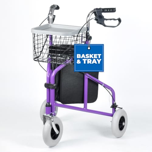 MobiWalk® 3 Wheeled Tri Rollator Walker with Front Basket & Tray | Easy to use | Upgraded Larger Wheels