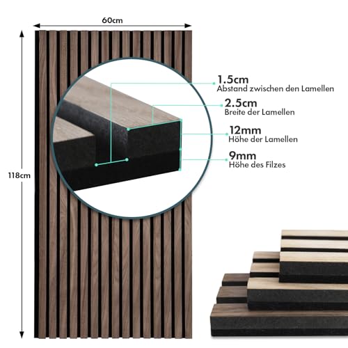 Floordirekt 3D panele akustyczne 118 x 60 cm, panele ścienne z prawdziwym drewnianym fornirem dla przyjemnej akustyki pomieszczenia, ściana z listew drewnianych i filcu, okładzina ścienna jako ochrona