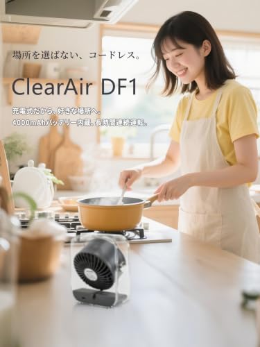 ホシノン 卓上扇風機 静音 卓上ファン ClearAir DF1 2026モデル 小型 USB充電式 大風量 空気循環 サーキュレーター 上下角度調整 100段階風量調節 Type-C対応 透明デザイン コンパクト コードレス デスクファン 熱中症対策 暑さ対策 デスクワーク オフィス リビング キッチン キャンプ [国内ブランド] (ブラック＆グレー)