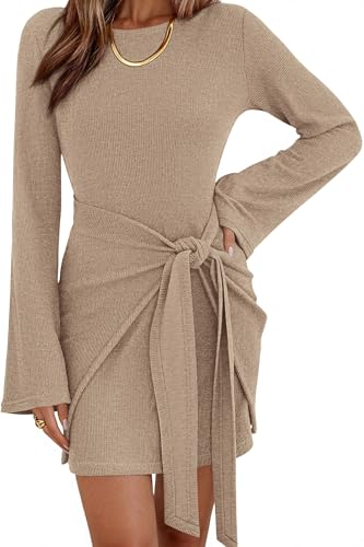 dowerme Women's Casual Mini Dress 2026 Bell Long Sleeve Boat Neck Tie Waist Bodycon Dresses Knitted Party Fall Outfits(Camel,Medium)