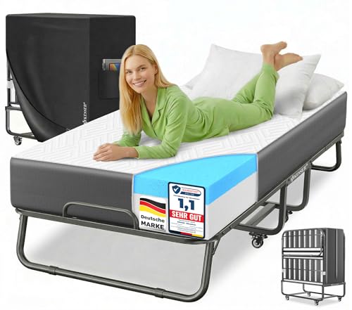KESSER® Klappbett 200x90cm Gästebett inkl. Matratze aus Memory-Schaum & Rollen | faltbares Reisebett mit Metallrahmen für Erwachsene belastbar bis 250kg | Metallbett mit Schaumstoffmatratze & Cover