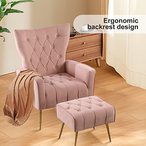 Yoodfo Accent Chair With Ottoman, Upholstered Modern Tufted Wingback Armchair With Footrest, Velvet Armchair With Golden Legs Modern Sofa Lounge Side Chair For Living Room, Bedroom 2 Set #TOP5
