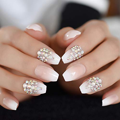 CoolNail 3D Bling Glitter Pink Nude Peachy French Ballerina Coffin False Fake Nails Gradeint Natrual Press on Daily Office Finger Wear UV Nails