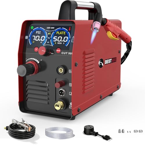 CUT50P Plasma Cutter 110V/220V Dual Voltage IGBT 2T/4T Plasma Cutter Machine 23/32 Inch Max Cut Plate/Extend-metal Pilot Arc with Large LED Screen for Beginners DIY