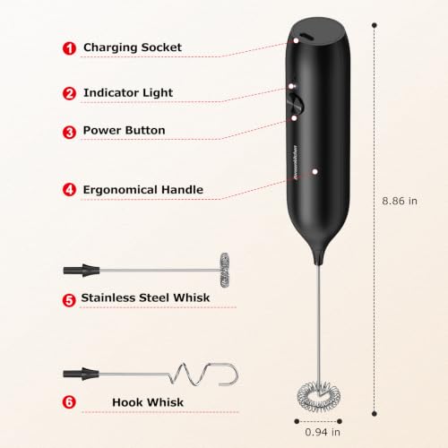 Image of Bonsenkitchen Rechargeable Milk Frother Handheld, Electric Foam Maker with Stainless Steel Whisk, Charging USB-C, Portable Hand Wand Drink Mixer for Coffee Matcha Lattes Cappuccino, Kitchen Gifts