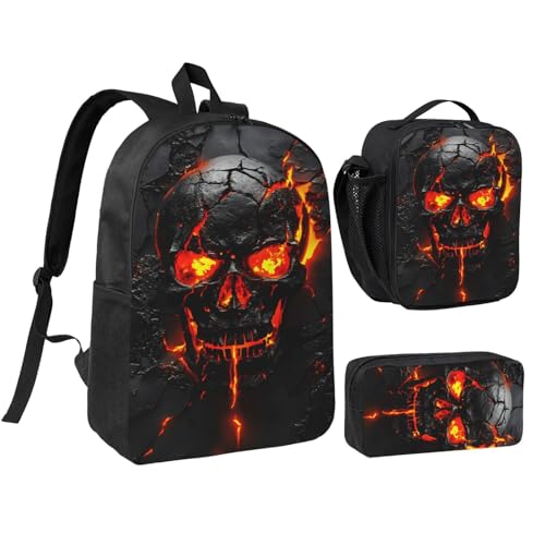 (Ship from USA) Flame Skull 17 Inch Large Capacity Backpack 3-Piece Set Backpack Suitable For Outdoor Leisure