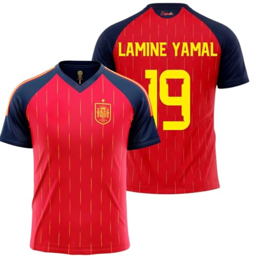 Camiseta de España 2026 2028 | Lamine Yamal 19 Dorsal y Nombre | Color Rojo con Detalles Azul Marino | Manga Corta | Diseño para Aficionados al fútbol | Tejido Transpirable Deportivo