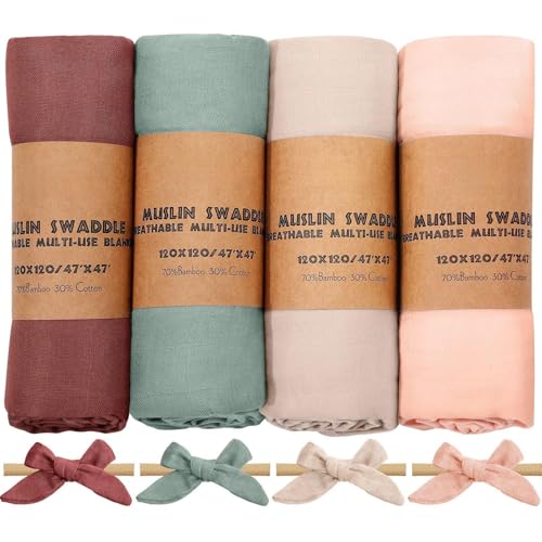 Image of Tatuo 4 Pack Baby Swaddle Blanket Breathable Muslin Swaddle Blanket for Boys Girls, 4 Soft Elastic Baby Headbands with Hair Bows, 47 x 47 Inch Receiving Blanket for Newborn Infant(Light Color)