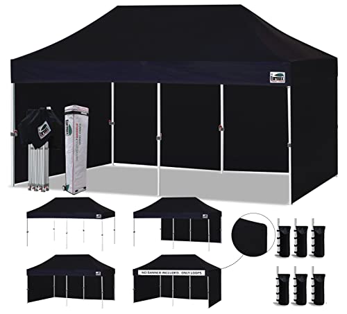 Eurmax USA 10'x20' Pop-up Canopy Tent Commercial Instant Canopies with 4 Removable Zipper End Side Walls and Roller Bag, Bonus 6 SandBags(Black)