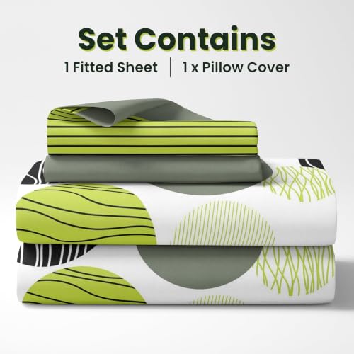 Image of LORETO - A QUALITY LINEN BRAND 144 TC 100% Pure Cotton Single Fitted Bedsheet with 1 Pillow Cover for 72 x 36 Inch Mattress, All-Around Elastic, 8 Inch Deep Pocket, Olive Green & Black Circles