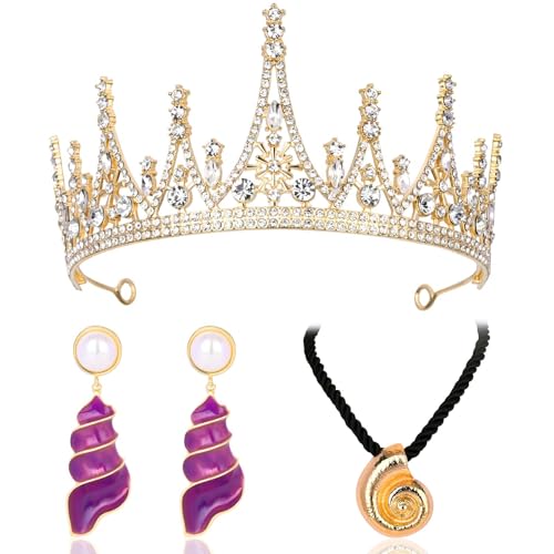 3 Pcs Halloween Costumes Accessories Set for Women Gold Crown Shell Necklace and Purple Seashell Earrings Sea Witch Cosplay Accessories for Halloween Party Dress up