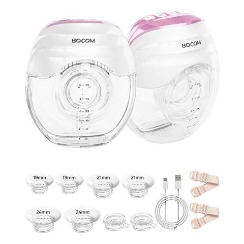 Bocom Breast Pump, Hands Free Wearable Breast Pump, Portable Electric Breastfeeding Pump with 19mm/21mm/24mm/27mm Flange, 3 Modes & 8 Levels, Smart Display, 2 Pack Cover