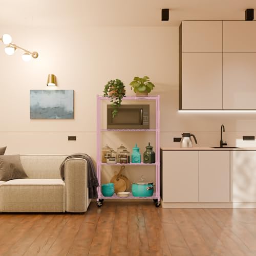 Image of 4-Shelves Wheels Heavy Duty Steel Storage Rack | Multipurpose Shelving Unit for Kitchen, Home & Utility | Pink, 4 Shelves Wheels