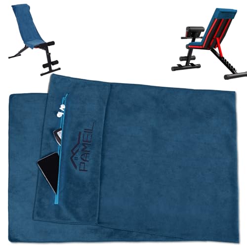 Pameil Toalla de fitness, 120 x 50 cm, toalla deportiva para gimnasio, absorbente y suave, con bolsillo con cremallera, para entrenamiento (azul marino)
