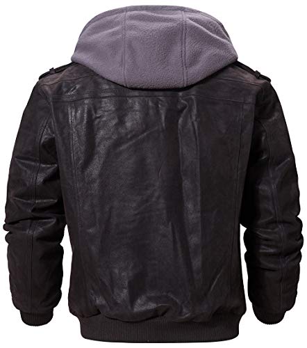 Image of FLAVOR Men Brown Leather Motorcycle Jacket with Removable Hood | Genuine Leather, Removable Hood, Windproof, Multi Pockets, Fall Winter Coats, Riding and Daily Wear, Moto Biker Jacket Men