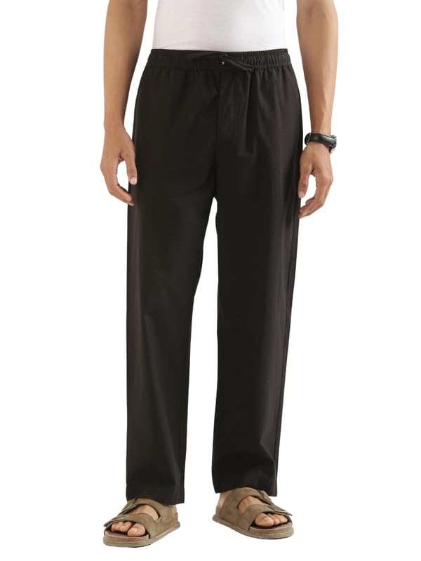 Image of SAADAA Men's 100% Cotton Pants | Mid-Rise Straight Fit Casual Trousers with Elastic Waistband and 3 Pockets | Everyday Wear