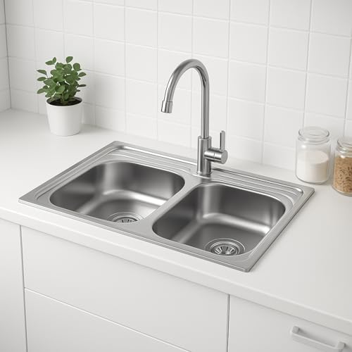 Melanstar Fregadero doble de acero inoxidable, 80 x 60 cm, con 2 cuencas, orificio para grifo y juego de sifón, fregadero cocina 2 senos fregadero dos senos kitchen sink (80x60cm)