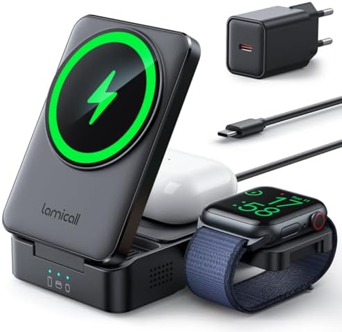 Lamicall 3 IN 1 Ladestation für MagSafe Ladegerät, Reisen Wireless Charger | [Faltbar & Tragbar] Kabellose Induktive Ladestation Apple Watch und iPhone, AirPods iPhone 18/17 Pro Ma