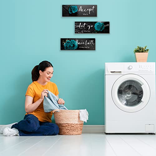 3 Pcs Teal wall decor Inspirational Teal Bathroom Decor Wooden Teal Rose Wall Art Turquoise Office Wall Decor with Accept Let Go Have Faith Quotes for Girl Women Bathroom Bedroom(Teal Rose12 x 4 Inch)