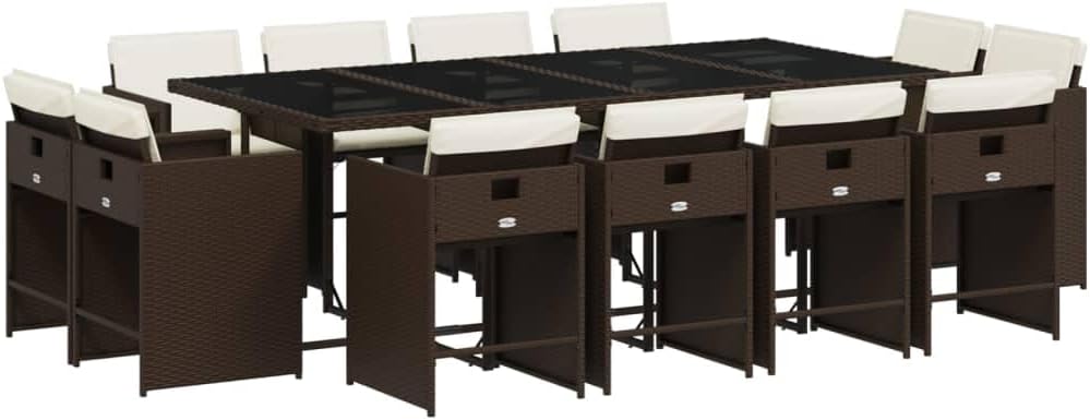 vidaXL 13-Piece Patio Dining Set with Cushions - Brown Poly Rattan - Rectangular Tempered Glass Table - 12 Folding Chairs - Garden, Backyard, Patio Furniture