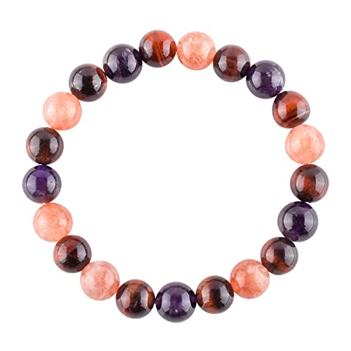 Triple Crystal Healing Bracelet - Sunstone - Red Tiger's Eye - Amethyst Handmade Bracelet Stretchable Genuine Round Beaded 10Mm Unisex Jewelry Chakra Stones - Yoga - Energy - Spiritual #TOP9