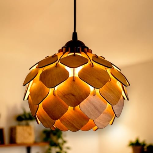 Image of Wood Pinecone Pendant lamp, Wooden Ceiling lamp, Wooden Hanging lamp handicrafted Home decore Chandelier Light (Lotus 2S)