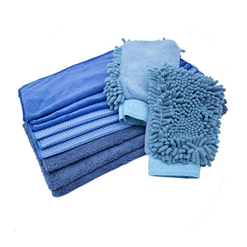 Price comparison product image TaylorHe 11 pcs Car Washing Kit with Car Wash Mitt Lint Free Car Cleaning Cloths (2 x Mitts + 3 x Microfibre Car Cloth + 3 x Fluffy Cloth + 3 x Waffle Cloth) Car Cleaning Set
