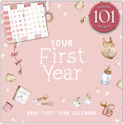 Baby's First Year Calendar with 100 Stickers - Pink Watercolor Design 1st Years Wall Calendar With...