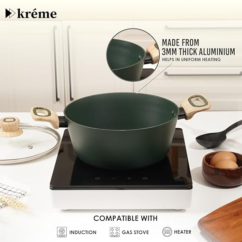 Image of Kreme Venetia Premium Series 6-Piece Granite Casseroles Cookware Set with Lid | Non-Stick Aluminium Cooking Pot | Granite Coating | Induction & Gas Stove Compatible | Healthy Low-Oil Cooking, Green