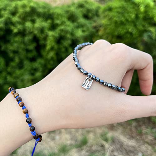 Jyucing Gemstone Bracelet Natural Hematite Healing Stone 4Mm Shaped Beads Stretch Bracelet With Sliver Pendant 7.1" Unisex #TOP5