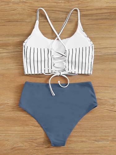 SweatyRocks Women's Bathing Suits Striped Criss Cross Bikini Set High Waisted Swimsuits2