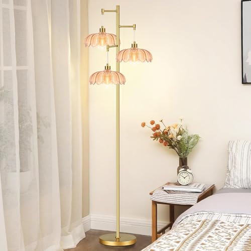 Image of QIYIZM Glass Floor Lamp for Living Room,Bedroom,Gold Mid Century Modern Standing Lamp Brass Tree 3 Light Tall Floor Lamps Vintage Retro Floor Lights Flower Lamp Shade Farmhouse Boho Bohemian