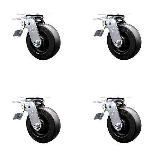 Polyolefin Swivel Top Plate Casters Set of 4 Heavy Duty with 6 Inch Wheels - Includes 4 Swivel with Total Lock Brakes – 2,800 lbs. Total Capacity - Service Caster Brand