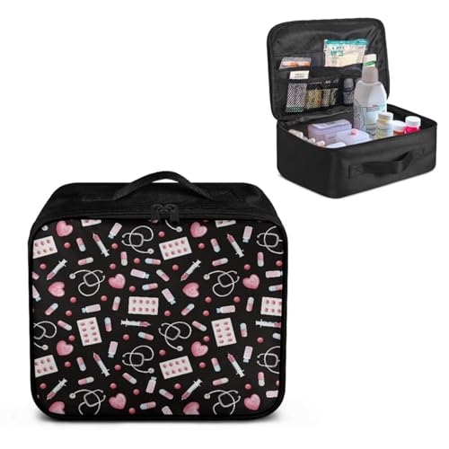 Image of Gomyblomy Black Pink First Aid Bag Empty Portable Travel Medicine Bag Storage Pouch Small Medical Bags with Double Zipper Large Capacity First Aid Kit Pouch for Home Dorm