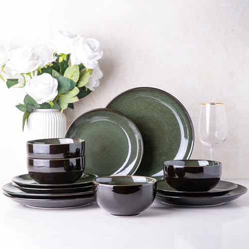 Image of LERATIO Ceramic Dinnerware Sets for 8,Stoneware Plates and Bowls Sets,Handmade Reactive Glaze Dishes Set,Chip Resistant and Scratch Resistant | Oven&Dishwasher & Microwave Safe-Green(24PCS)
