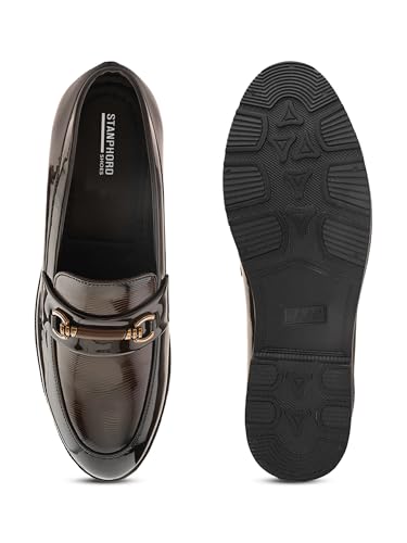 Image of STANPHORD Mens Loafers Men Brown Solid Leatherette petant Formal Office wear Wedding Slip on Moccasins Horsebit Loafers Shoes