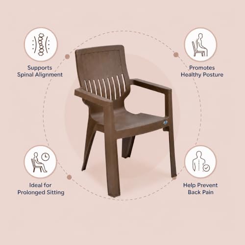 Image of Nilkamal Ortho Comfort Plastic Chair with Arm|Set of 2| 3 Year Warranty |Stackable Chair for Home, Living Room, Dining Room, Cafe & Balcony |Ergonomic Back Support |Indoor & Outdoor |Rattan Dark Beige