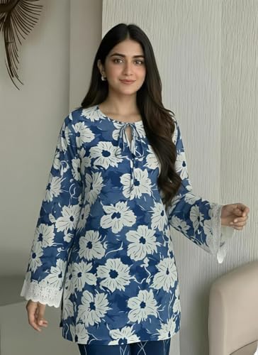 Image of Women's Floral Print Kurti with Lace Bell Sleeves, Red | Tie-Neck Detail, Bell Sleeves, Lace Trim Cuffs, Ethnic Wear