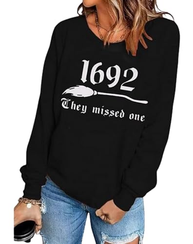 Halloween 1692 They Missed One Long Sleeve Halloween for Women Shirt Funny Long Sleeve Novelty Casual Gift Pullover(Medium,Black-04)