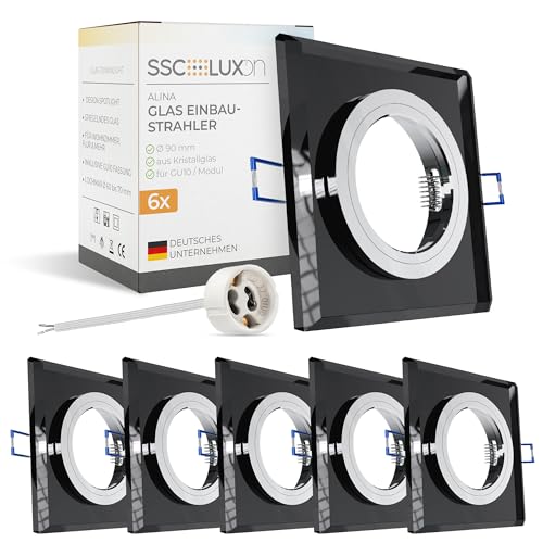 SSC-LUXon ALINA 6x Design Glas Einbaustrahler eckig schwarz mit Fassung für GU10 oder Modul - Einbau Deckenleuchte Lochmaß 60-70mm