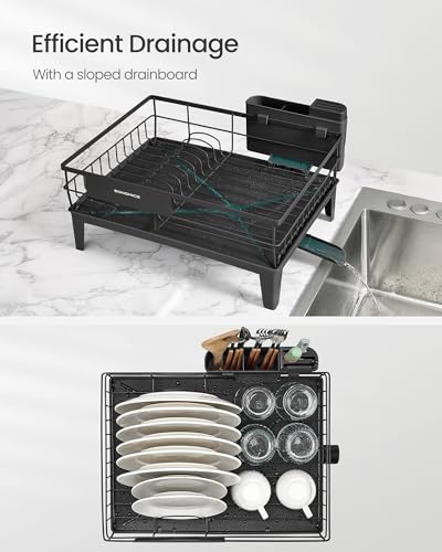 Image of SONGMICS Dish Drying Rack, Kitchen Dish Rack with Drainboard, 360 Rotatable and Extendable Spout, with Cutlery Holder, 12.2 x 16.5 x 7.3 Inches, Ink Black UKCS550B01